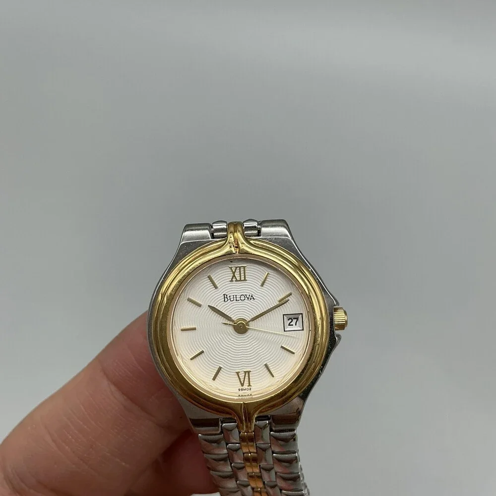 Bulova Womens Watch 24mm White Dial Two Tone Stainless Date New Battery 7.75
